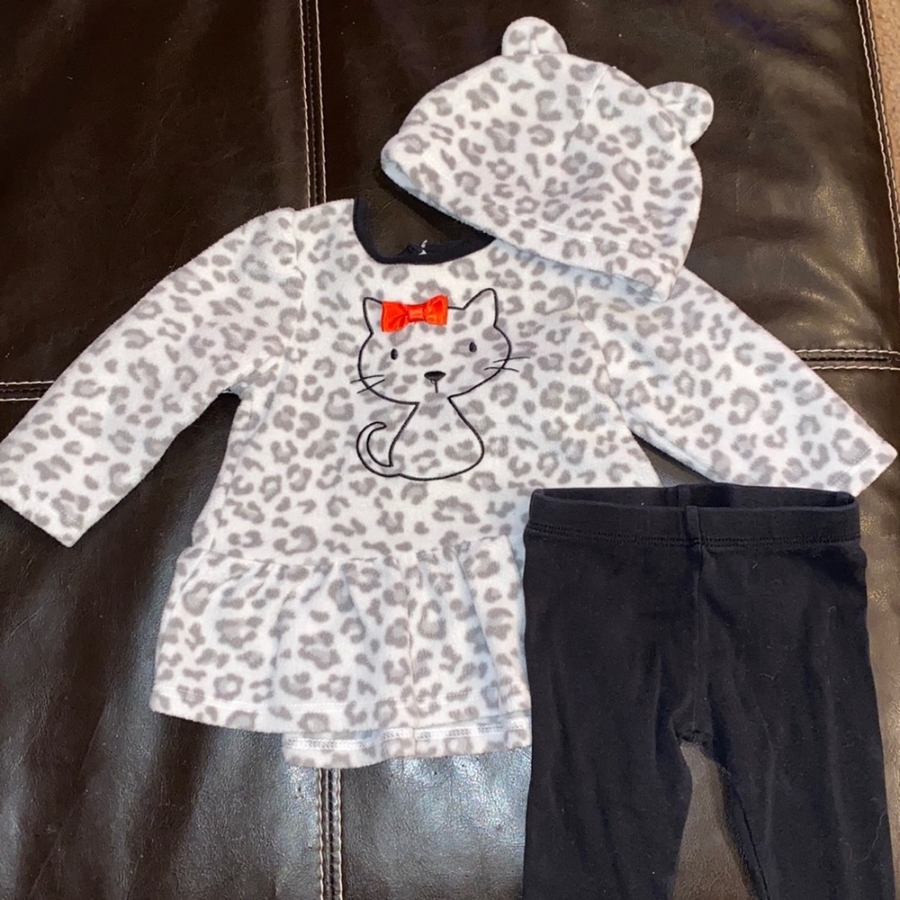 Best Beginnings baby girl cat print long sleeved top, pants and hat-3 month
